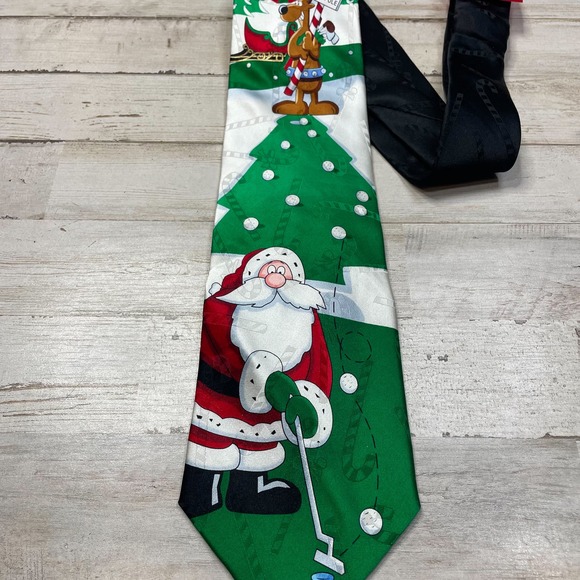 100% Silk Christmas Tie Golf Santa Tree Reindeer North Pole Sleigh Black A100973 - Picture 1 of 5